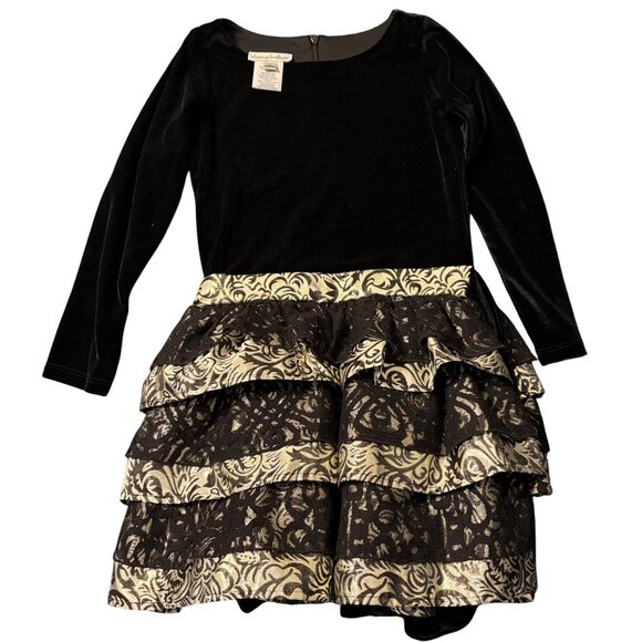 Chasing Fireflies Black Velvet & Metallic Ruffle Dress Girls 6 With Lace Details - Picture 3 of 5